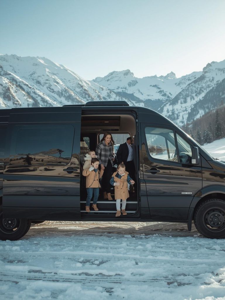 Famille arrivant à Val Thorens en transfert pour découvrir leur location saisonnière en étant accompagné par la conciergerie Collection des Cimes.